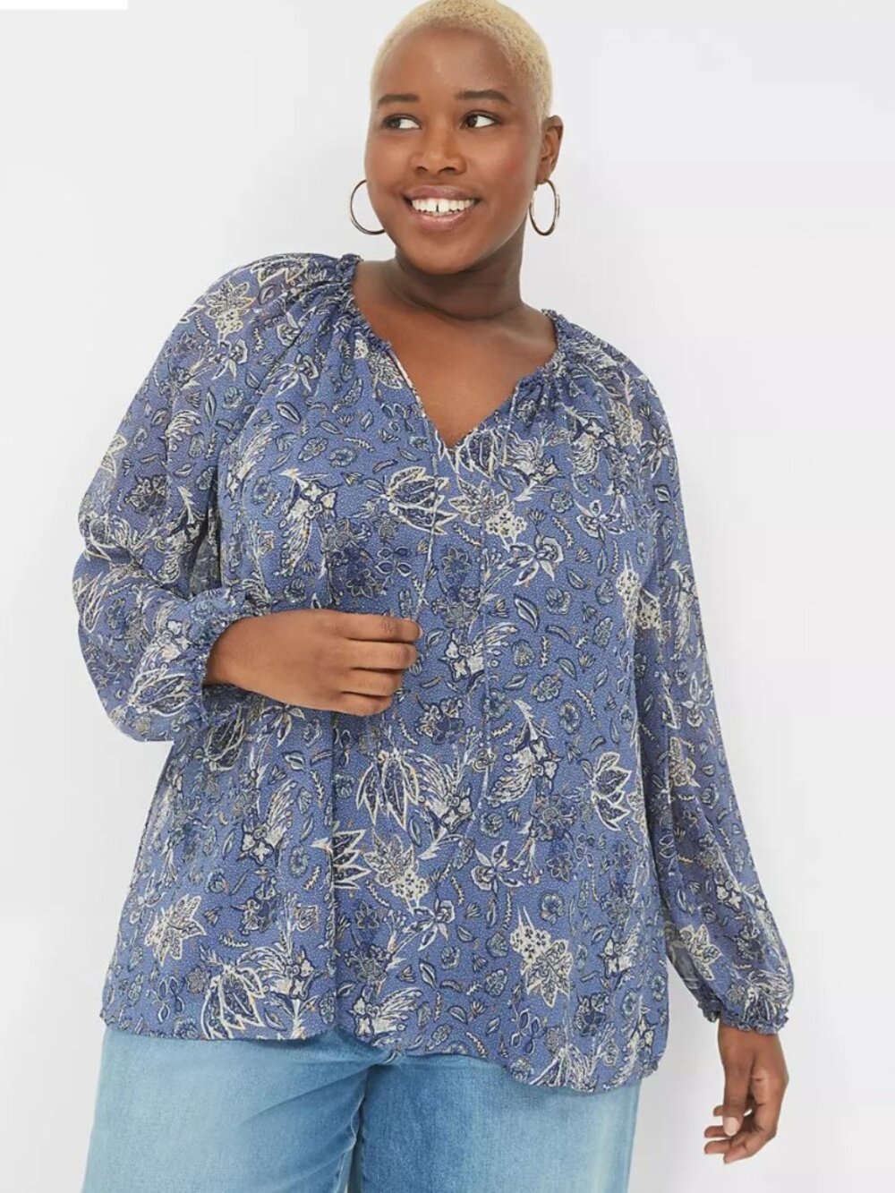 Lane Bryant Lurex Ruffle-Detail V-Neck Blue Paisley Blouse - Size 22/24